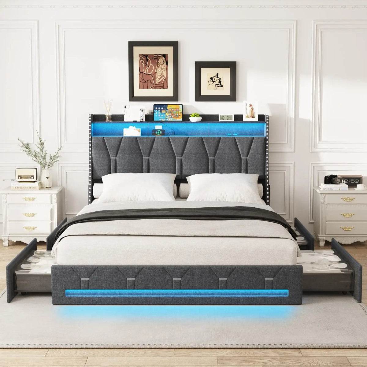 Upholstered Platform Bed Frame With Storage Drawers And LED Light - Sleep Galleria