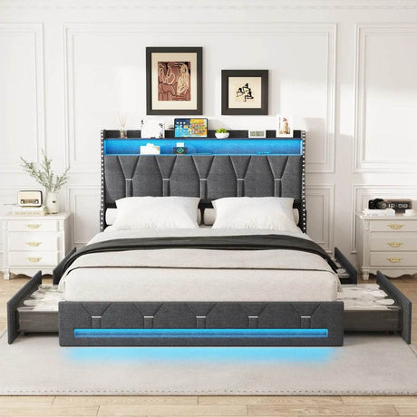 Upholstered Platform Bed Frame With Storage Drawers And LED Light - Sleep Galleria