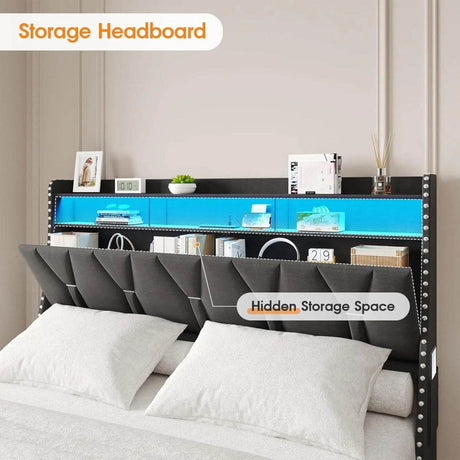 Upholstered Platform Bed Frame With Storage Drawers And LED Light - Sleep Galleria