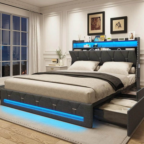 Upholstered Platform Bed Frame With Storage Drawers And LED Light - Sleep Galleria