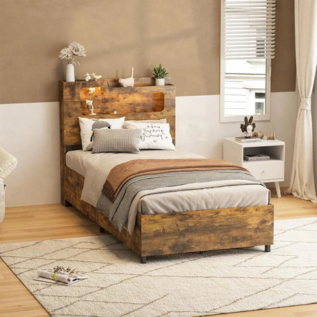 Wooden Platform Bed Frame With Storage Power Outlet LED Light - Vabches - Sleep Galleria
