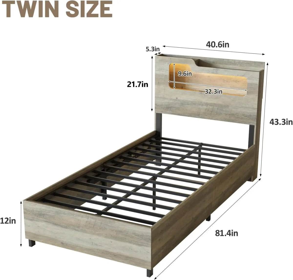 Wooden Platform Bed Frame With Storage Power Outlet LED Light - Sleep Galleria