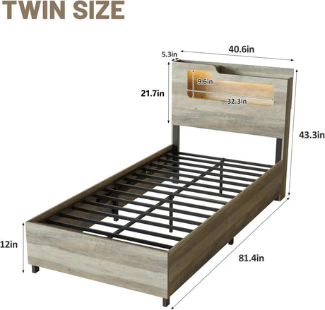 Wooden Platform Bed Frame With Storage Power Outlet LED Light - Vabches - Sleep Galleria