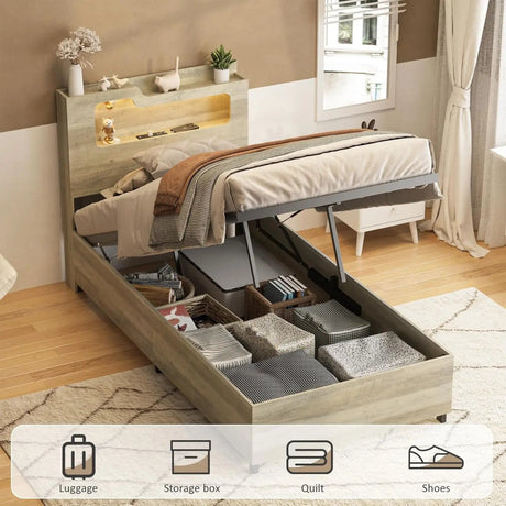 Wooden Platform Bed Frame With Storage Power Outlet LED Light - Vabches - Sleep Galleria
