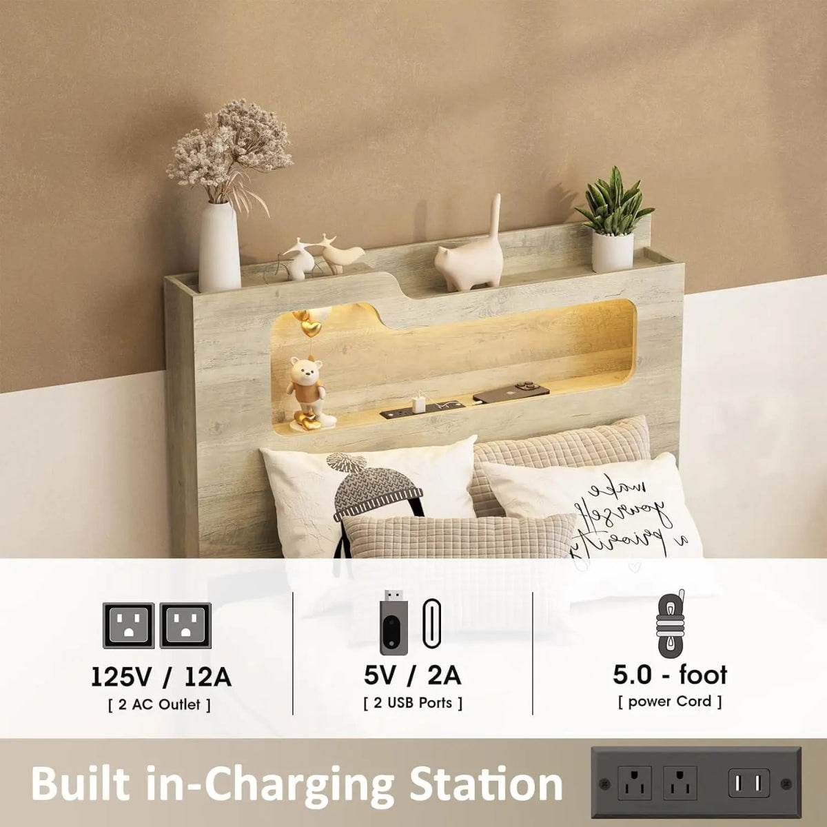 Wooden Platform Bed Frame With Storage Power Outlet LED Light - Sleep Galleria