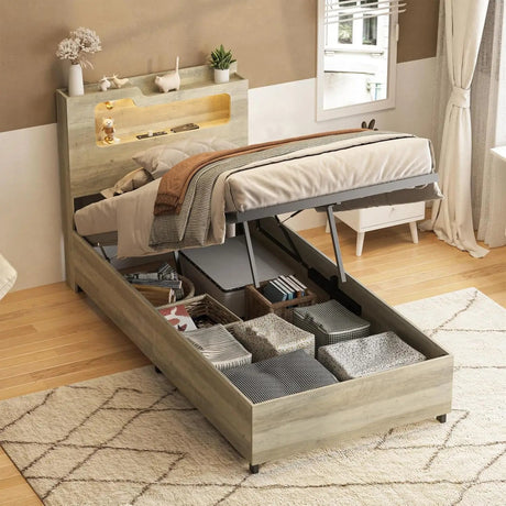 Wooden Platform Bed Frame With Storage Power Outlet LED Light - Vabches - Sleep Galleria
