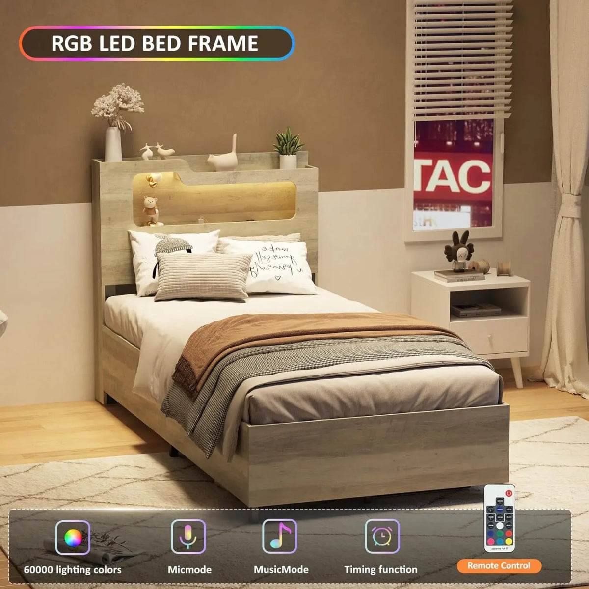 Wooden Platform Bed Frame With Storage Power Outlet LED Light - Sleep Galleria
