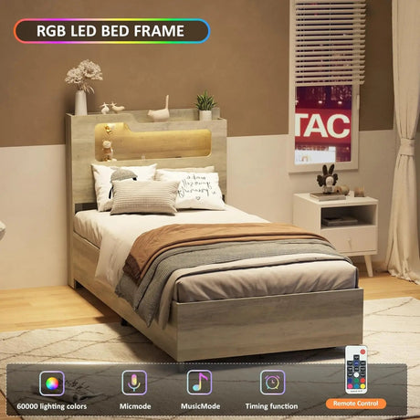 Wooden Platform Bed Frame With Storage Power Outlet LED Light - Vabches - Sleep Galleria
