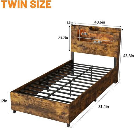 Wooden Platform Bed Frame With Storage Power Outlet LED Light - Vabches - Sleep Galleria