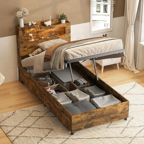 Wooden Platform Bed Frame With Storage Power Outlet LED Light - Vabches - Sleep Galleria