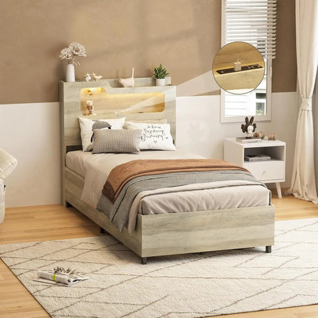 Wooden Platform Bed Frame With Storage Power Outlet LED Light - Vabches - Sleep Galleria