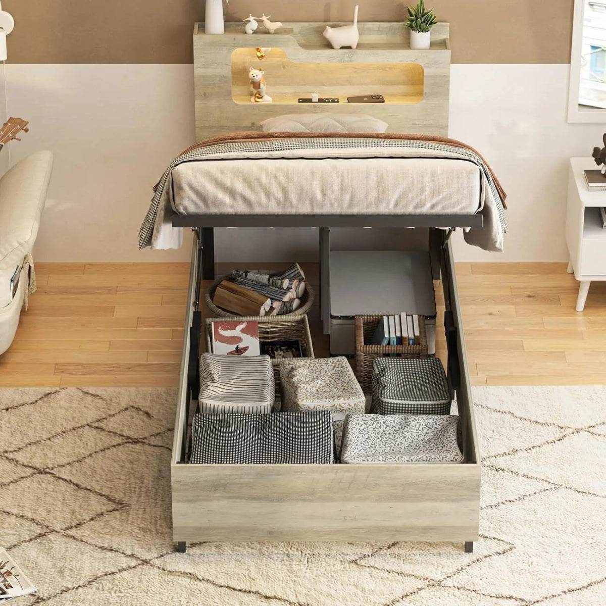 Wooden Platform Bed Frame With Storage Power Outlet LED Light - Sleep Galleria