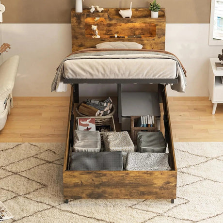 Wooden Platform Bed Frame With Storage Power Outlet LED Light - Vabches - Sleep Galleria
