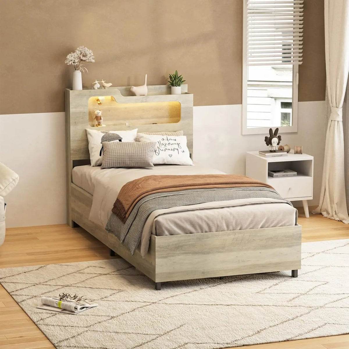 Wooden Platform Bed Frame With Storage Power Outlet LED Light - Sleep Galleria