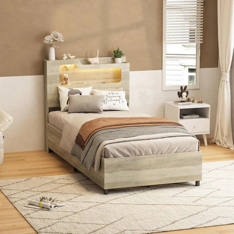 Wooden Platform Bed Frame With Storage Power Outlet LED Light - Vabches - Sleep Galleria