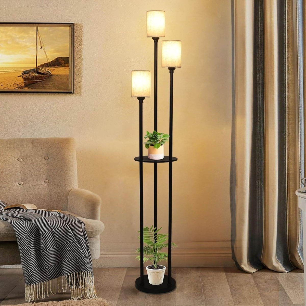 3 - Light Industrial Floor Lamp With Shelves and Foot Switch - Veluna - Sleep Galleria