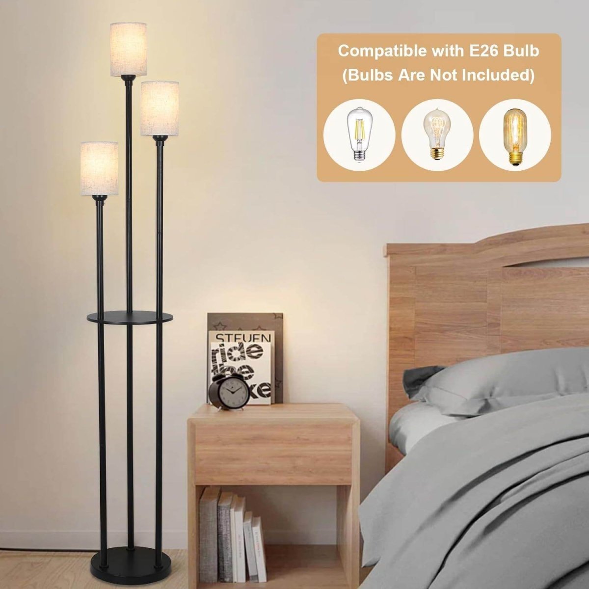 3 - Light Industrial Floor Lamp With Shelves and Foot Switch - Veluna - Sleep Galleria