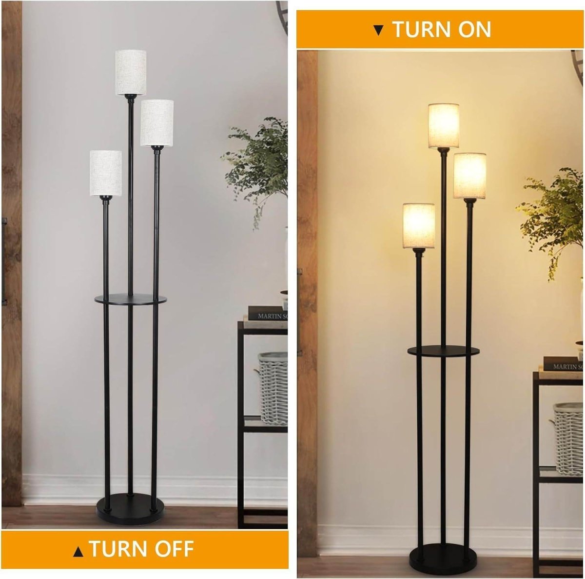 3 - Light Industrial Floor Lamp With Shelves and Foot Switch - Veluna - Sleep Galleria