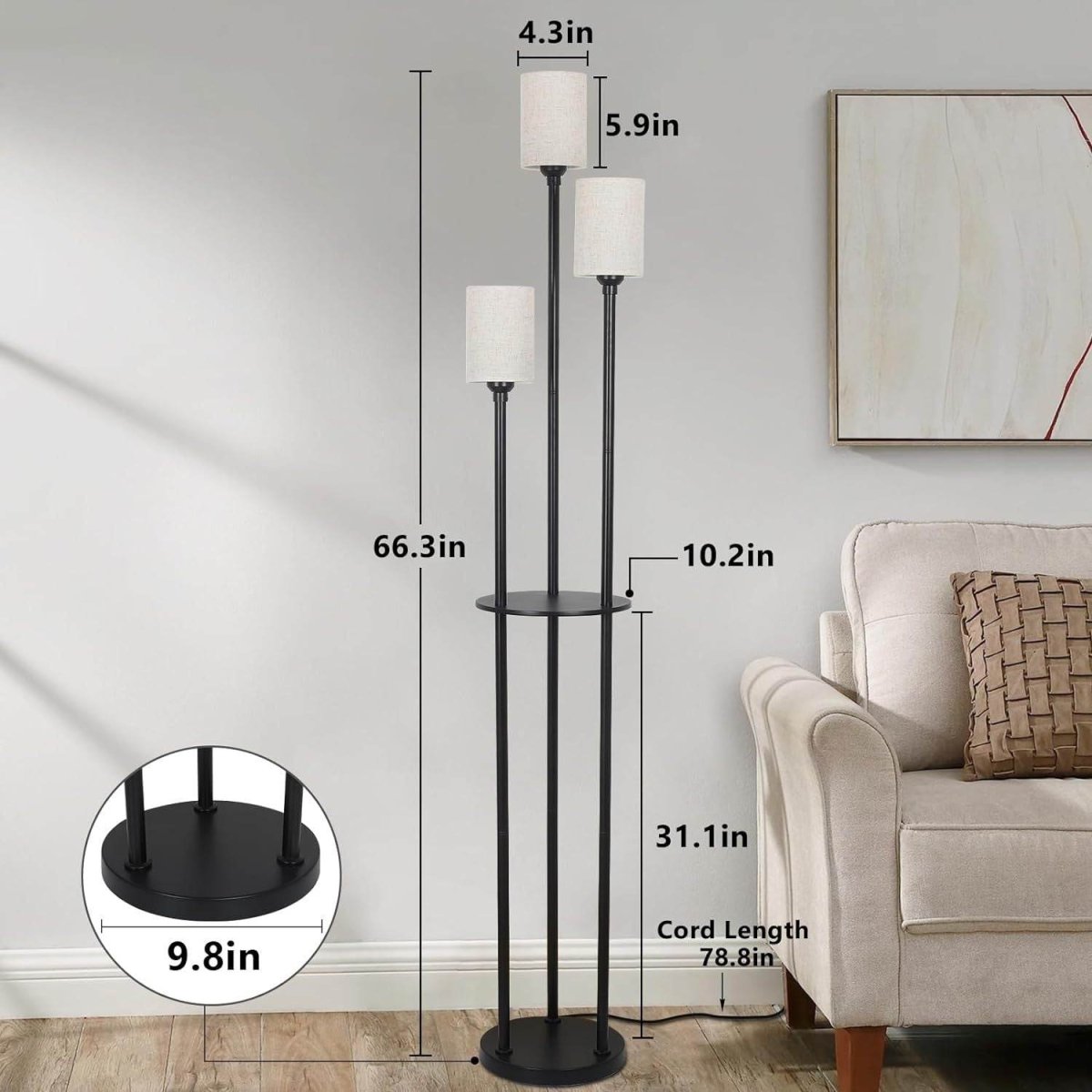 3 - Light Industrial Floor Lamp With Shelves and Foot Switch - Veluna - Sleep Galleria