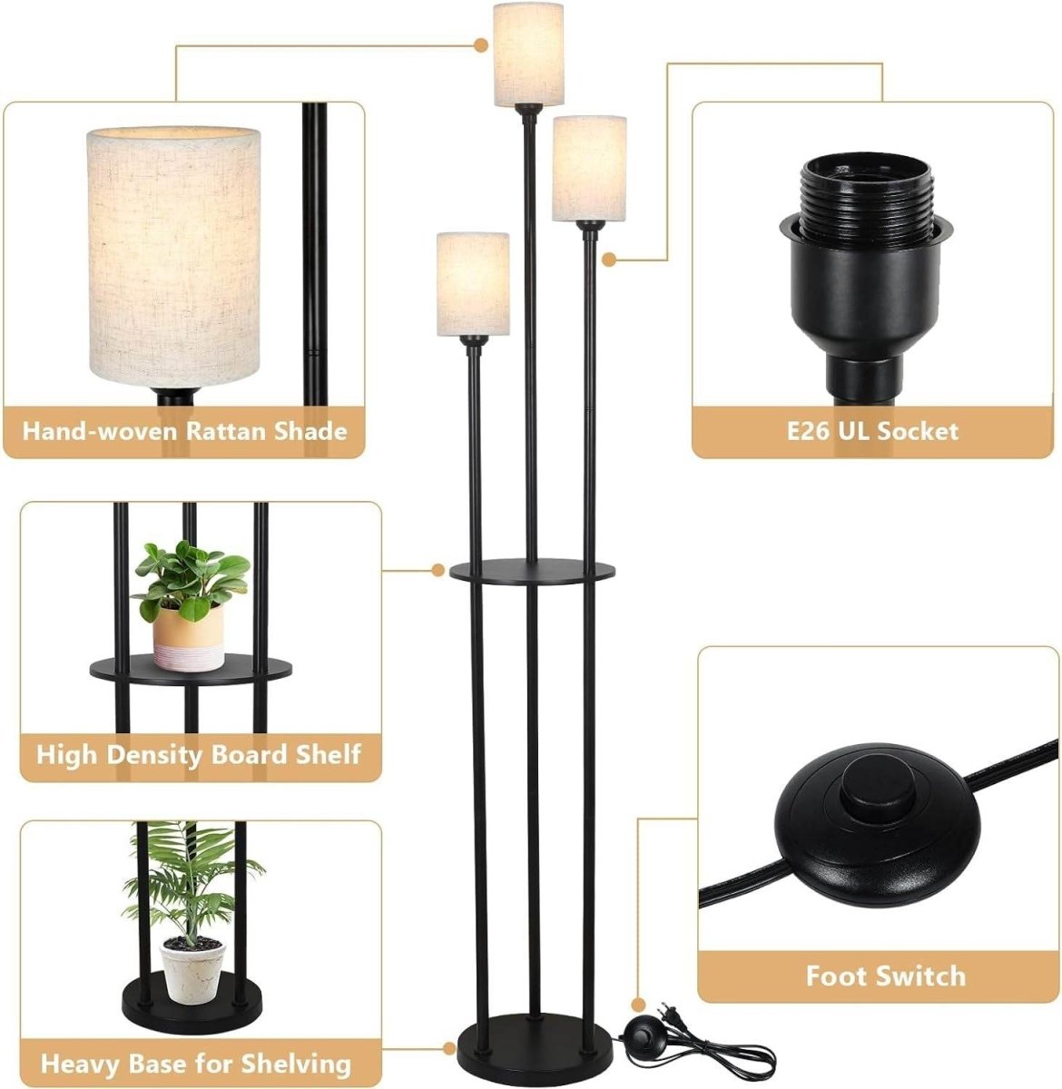 3 - Light Industrial Floor Lamp With Shelves and Foot Switch - Veluna - Sleep Galleria