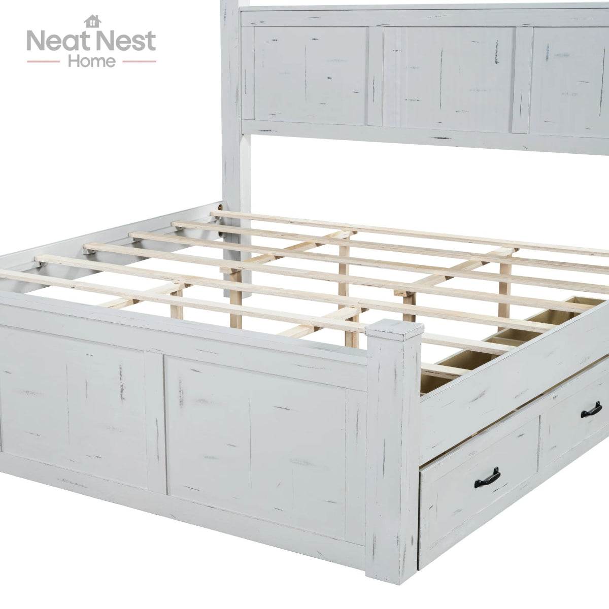 Farmhouse Wooden Panel Poster Bed Frame With Storage Drawers - Sleep Galleria
