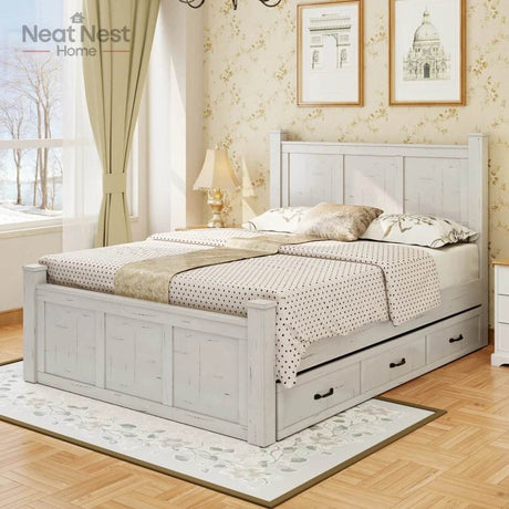 Farmhouse Wooden Panel Poster Bed Frame With Storage Drawers - Sleep Galleria