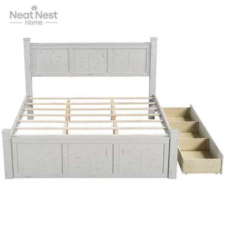 Farmhouse Wooden Panel Poster Bed Frame With Storage Drawers - Sleep Galleria