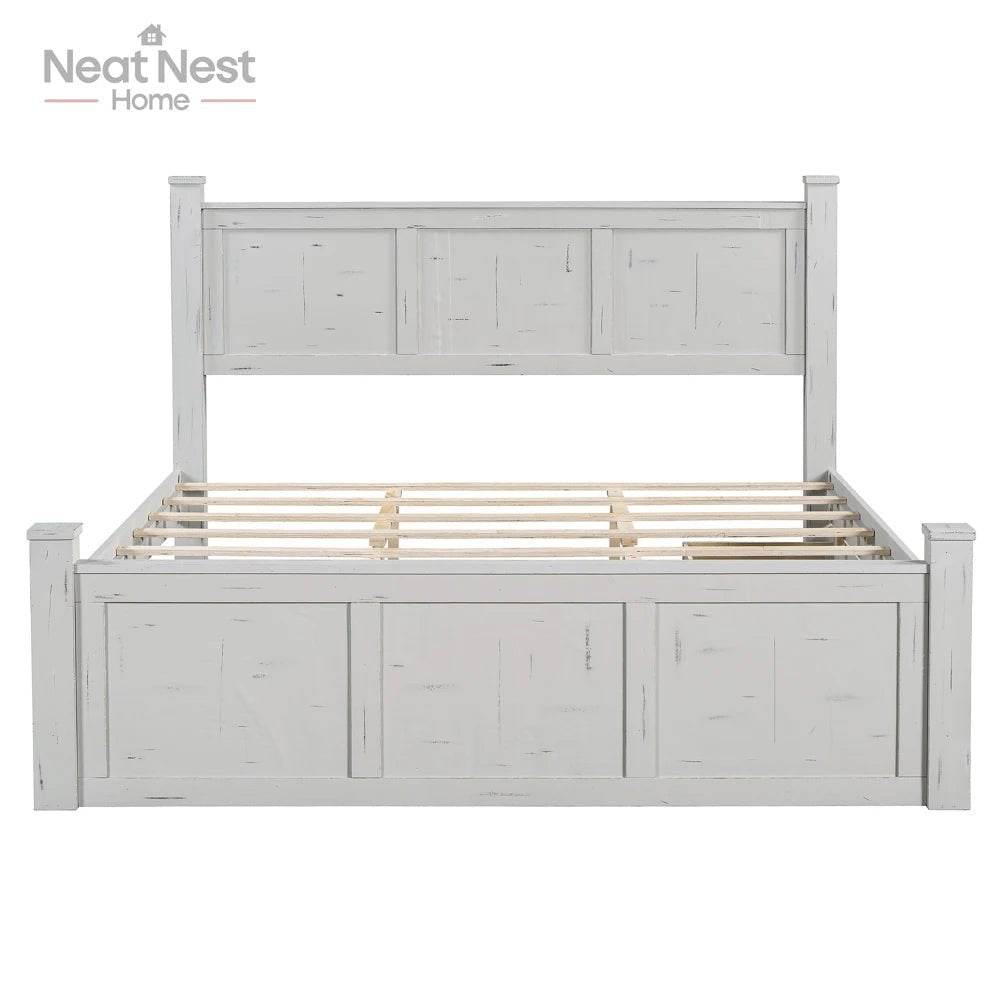 Farmhouse Wooden Panel Poster Bed Frame With Storage Drawers - Sleep Galleria