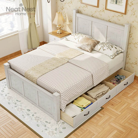 Farmhouse Wooden Panel Poster Bed Frame With Storage Drawers - Sleep Galleria