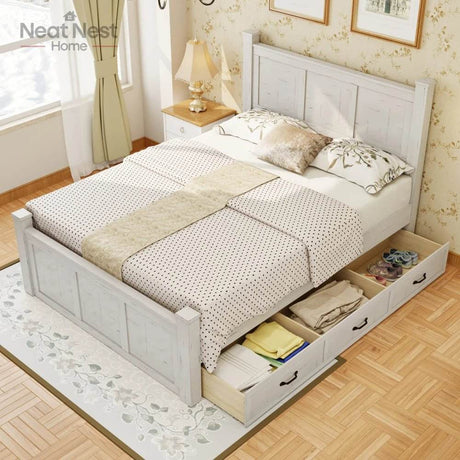 Farmhouse Wooden Panel Poster Bed Frame With Storage Drawers - Sleep Galleria