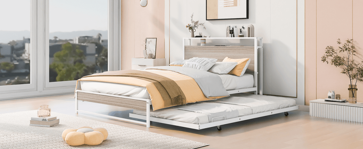 Full Metal Platform Bed Frame With Trundle USB Ports - Veluna - Sleep Galleria