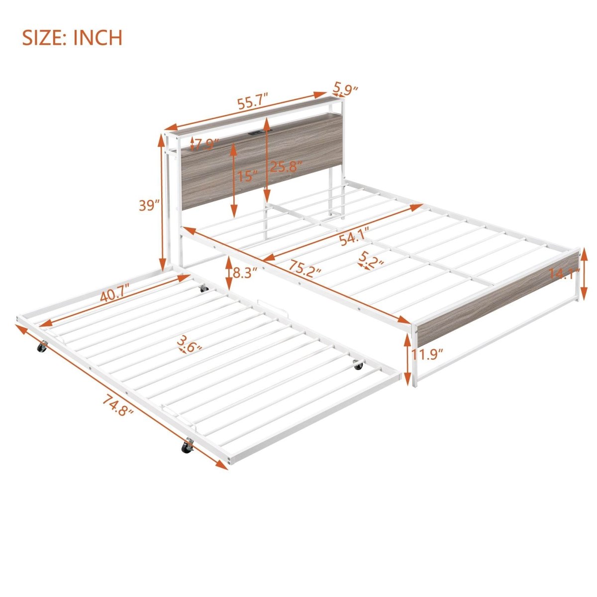 Full Metal Platform Bed Frame With Trundle USB Ports - Veluna - Sleep Galleria