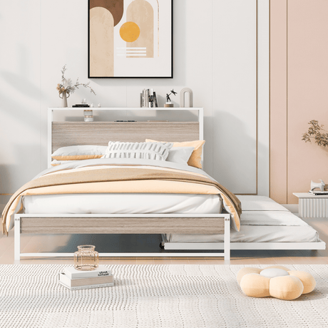 Full Metal Platform Bed Frame With Trundle USB Ports - Veluna - Sleep Galleria