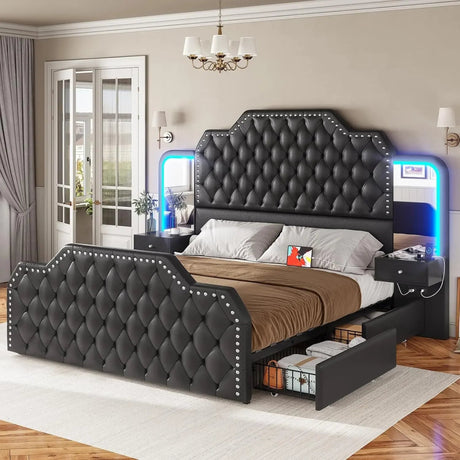 Leather Upholstered Bed Frame With Storage Drawers And LED Charging - Veluna - Sleep Galleria