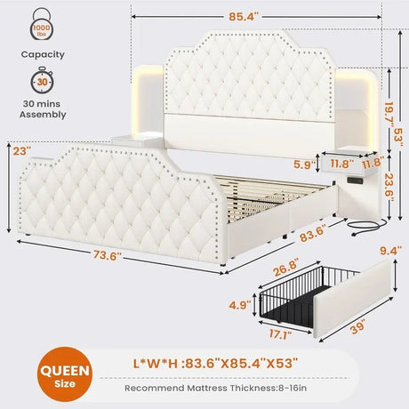 Leather Upholstered Bed Frame With Storage Drawers And LED Charging - Veluna - Sleep Galleria