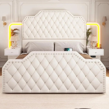 Leather Upholstered Bed Frame With Storage Drawers And LED Charging - Veluna - Sleep Galleria