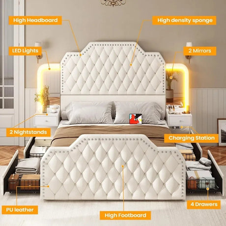Leather Upholstered Bed Frame With Storage Drawers And LED Charging - Veluna - Sleep Galleria
