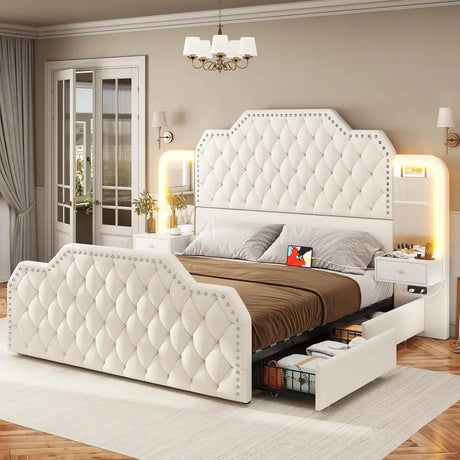 Leather Upholstered Bed Frame With Storage Drawers And LED Charging - Veluna - Sleep Galleria