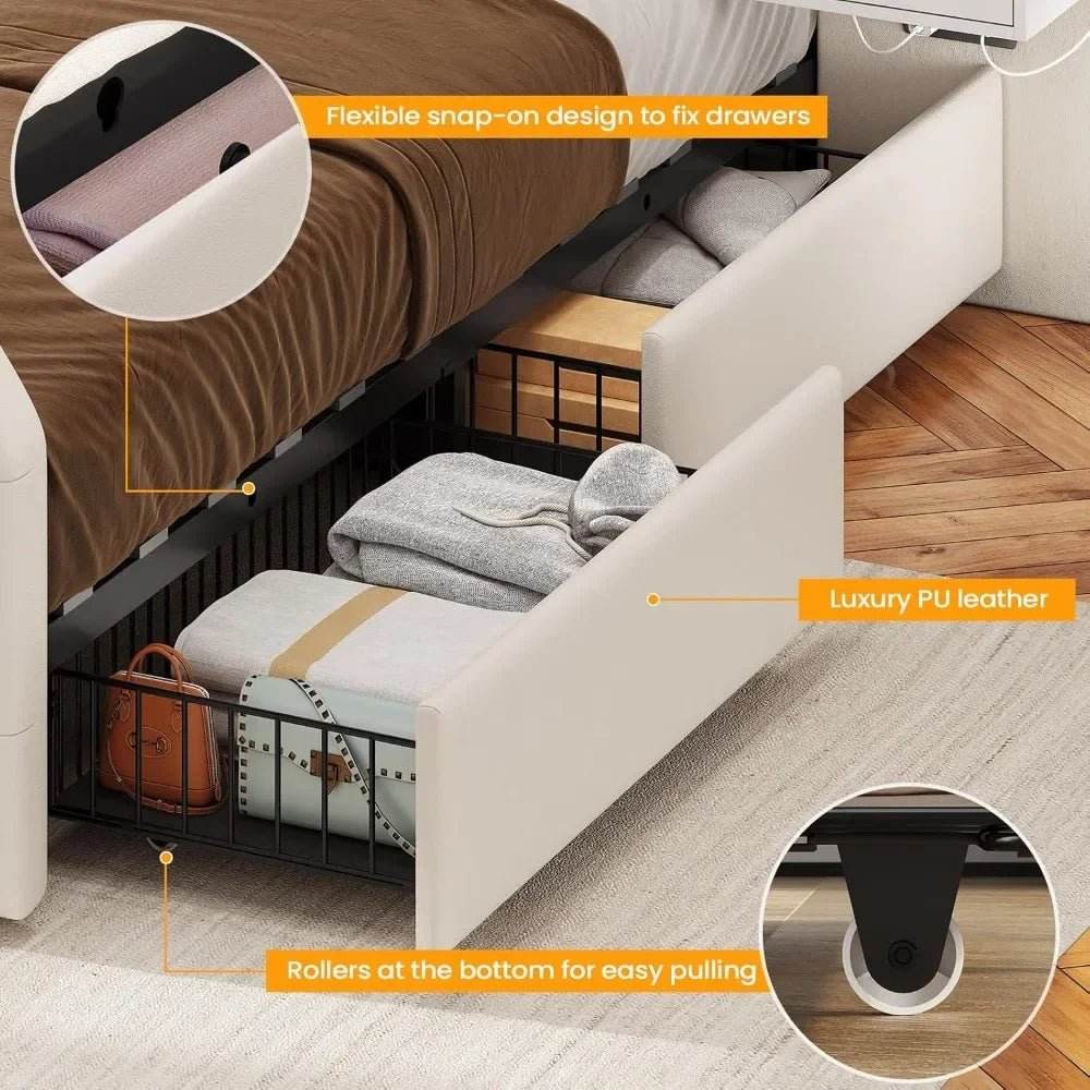 Leather Upholstered Bed Frame With Storage Drawers And LED Charging - Sleep Galleria