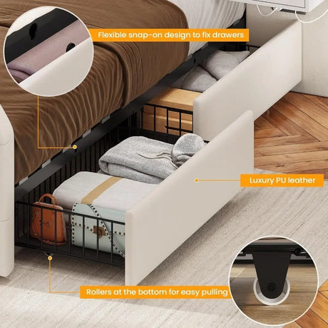 Leather Upholstered Bed Frame With Storage Drawers And LED Charging - Veluna - Sleep Galleria