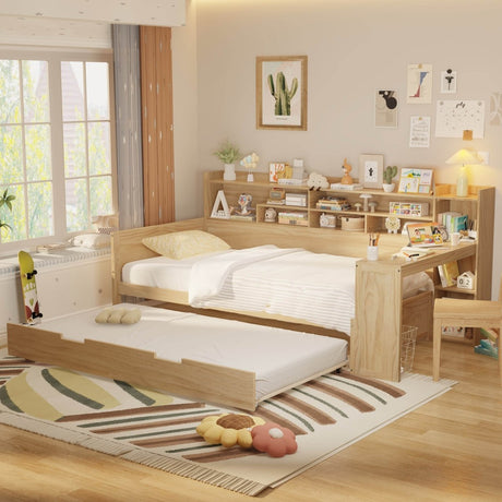 Multi - Functional Wooden Twin Bed With Trundle And Desk - Veluna - Sleep Galleria
