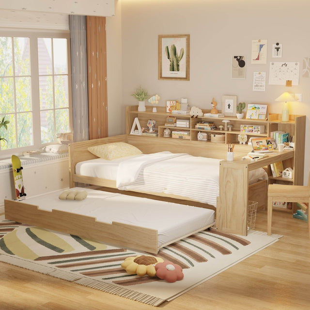 Multi - Functional Wooden Twin Bed With Trundle And Desk - Veluna - Sleep Galleria