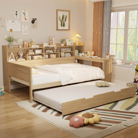 Multi - Functional Wooden Twin Bed With Trundle And Desk - Veluna - Sleep Galleria