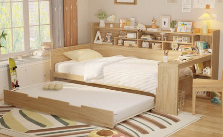Multi - Functional Wooden Twin Bed With Trundle And Desk - Veluna - Sleep Galleria