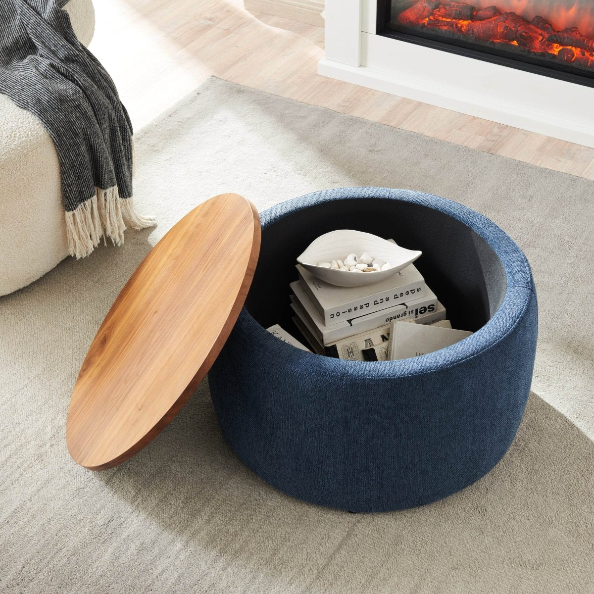 Multipurpose Navy Fabric Storage Ottoman With Removable Top - Sleep Galleria