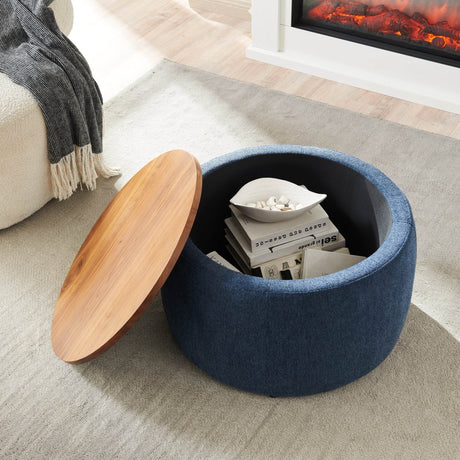 Multipurpose Navy Fabric Storage Ottoman With Removable Top - Veluna - Sleep Galleria