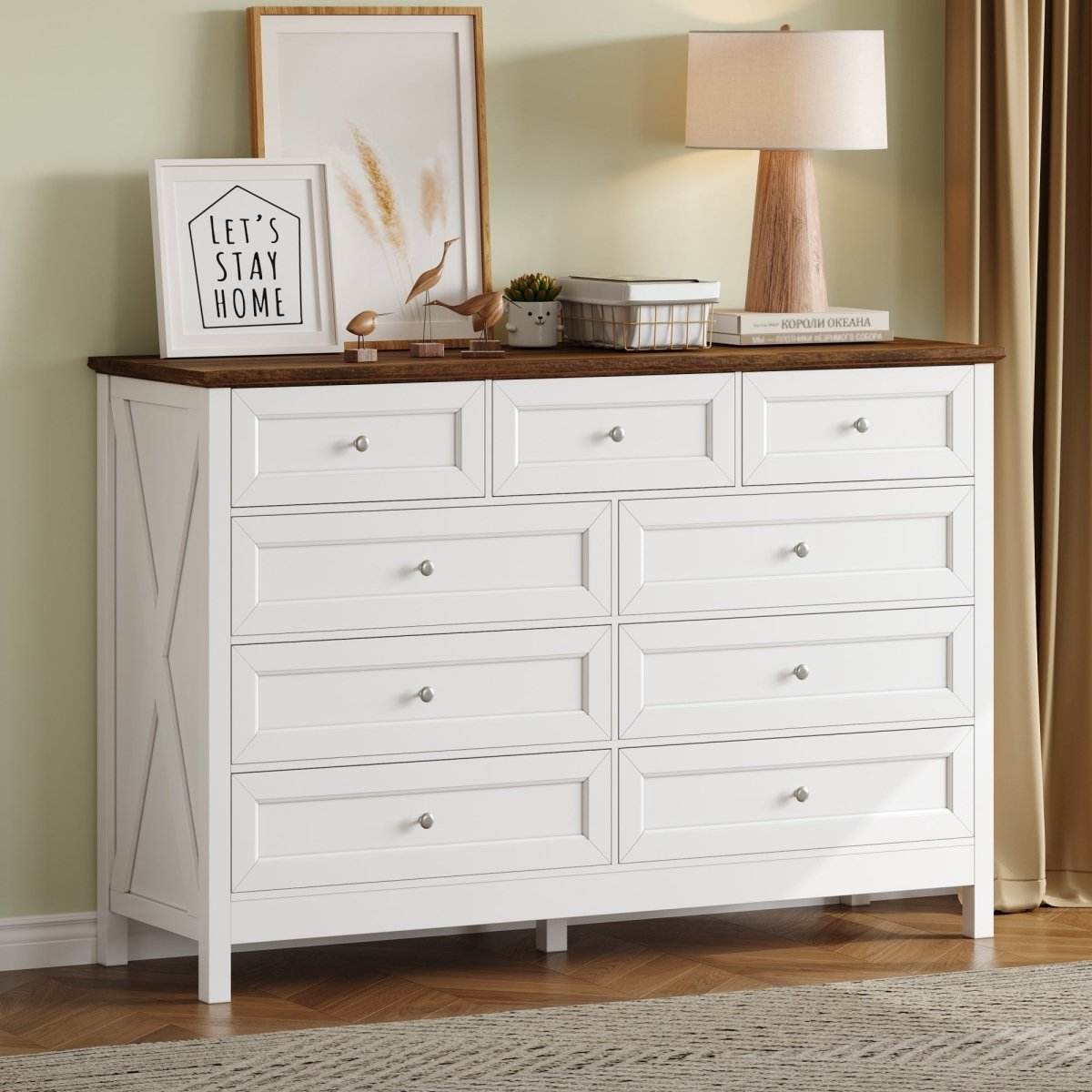 Rustic White Wood Storage Dresser With 9 Drawers - Sleep Galleria