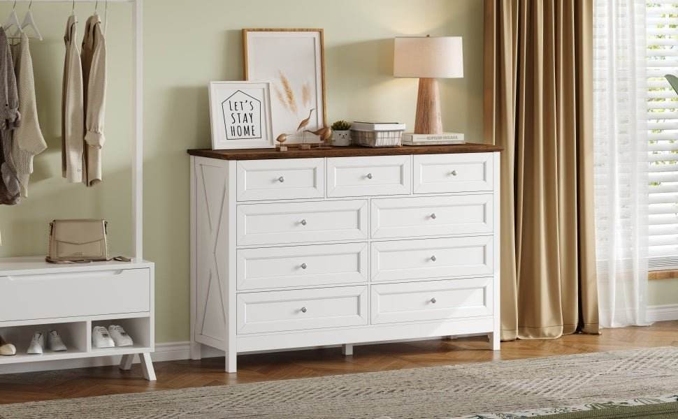 Rustic White Wood Storage Dresser With 9 Drawers - Sleep Galleria