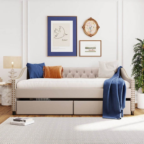Upholstered Beige Daybed With Two Storage Drawers - Sleep Galleria