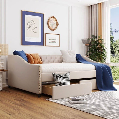 Upholstered Beige Daybed With Two Storage Drawers - Sleep Galleria